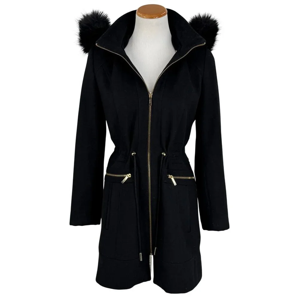 Laundry By Shelli Segal Black Wool Faux Fur Trim Hooded Coat | Cozy Quiet Luxury - Picture 3 of 16
